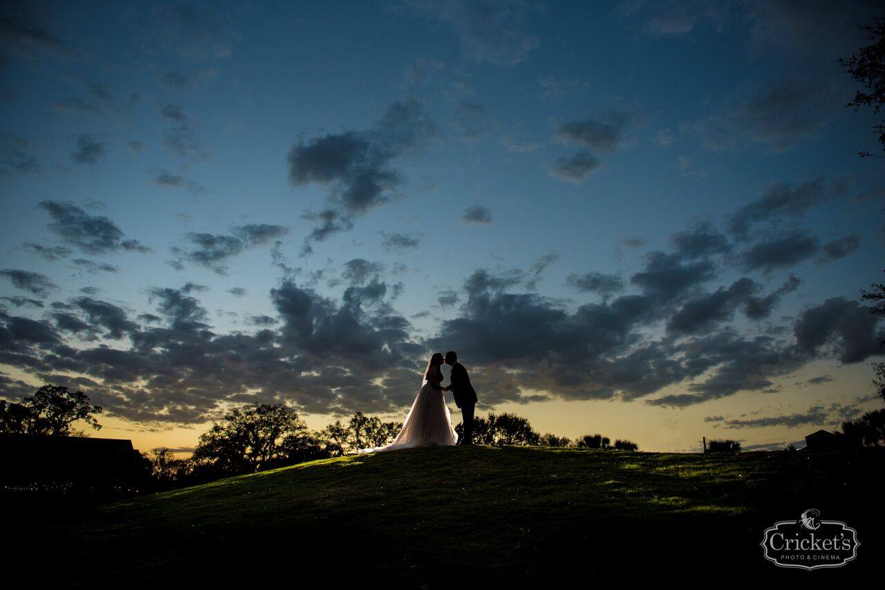 bride and groom kissing silhouette at dusk