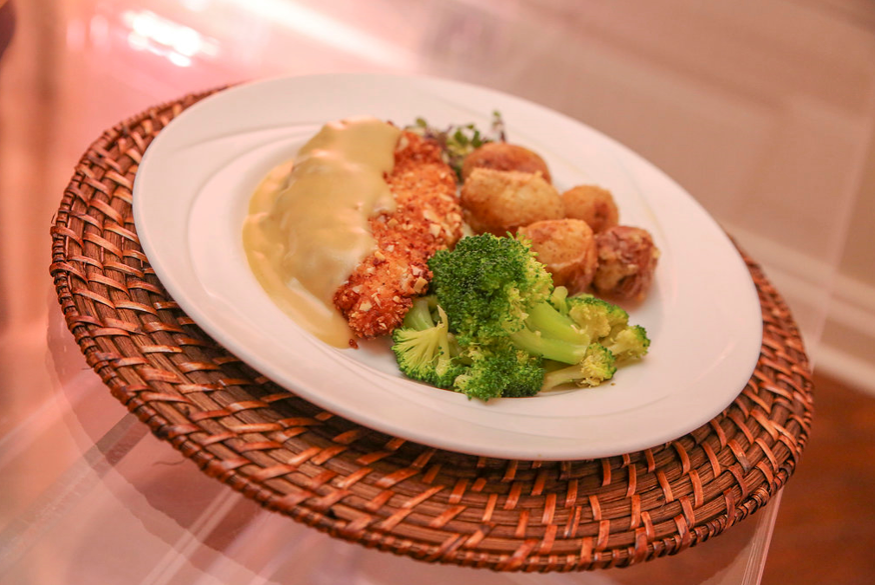 crispy chicken, broccoli, and potatoes